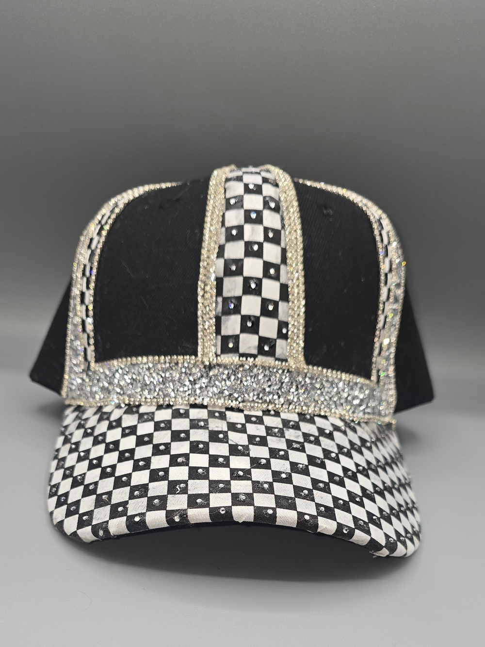 Black & White Checkered Bling Baseball Cap